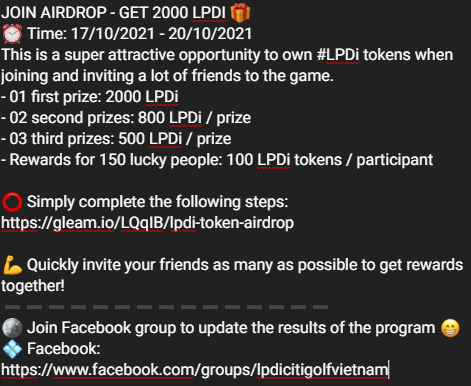 LPDiToken's tweet image. JOIN AIRDROP - GET 2000 LPDI 🎁
⏰ Time: 17/10/2021 - 20/10/2021
This is a super attractive opportunity to own #LPDi tokens when joining and inviting a lot of friends to the game.
⭕ Simply complete the following steps: gleam.io/LQqIB/lpdi-tok…