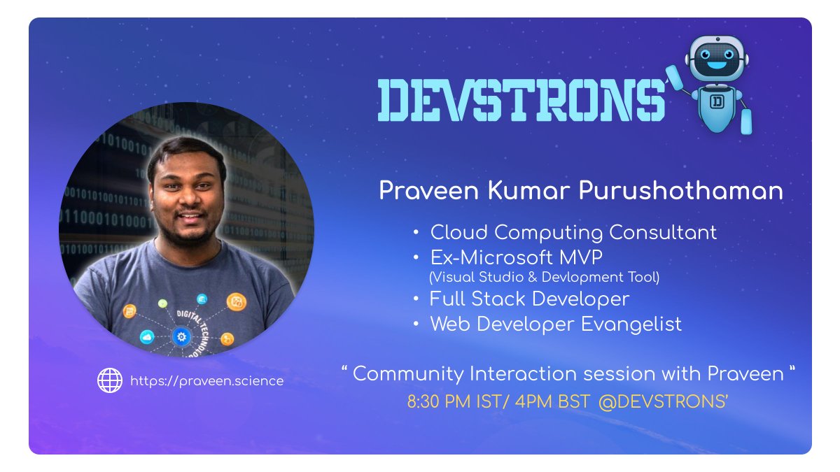 devstrons's tweet photo. Heya devstrons,
Ready to shoot with @praveenscience! 🚀

"Assemble to Introduce yourself for an amazing journey ahead ❣️"

YT (Live at 8.30 PM IST/ 4 PM BST): https://t.co/BvfY6jrFWH

#devstronsFTW #LearnCodeTron https://t.co/CrcbgX9sg4