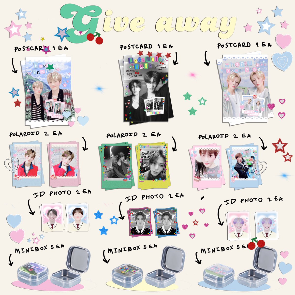 ˗ˏˋ pls rt  ´ˎ˗  free 1 set random 🪣

♡₊˚ give away october's boy 🧤🧢

20 set 
⟢ minibox 5 ea (only)
⟢ postcard 1ea 
⟢ polaroid 2 ea
⟢ id photo 2 ea

f🎾rm : 28 oct 
tiⓂ️e : 21:30

🛒 shipping 45 b.
Detail more?
#HappyYutaDay #HappyWinwinday #happyyangyangday #ตลาดนัดnct