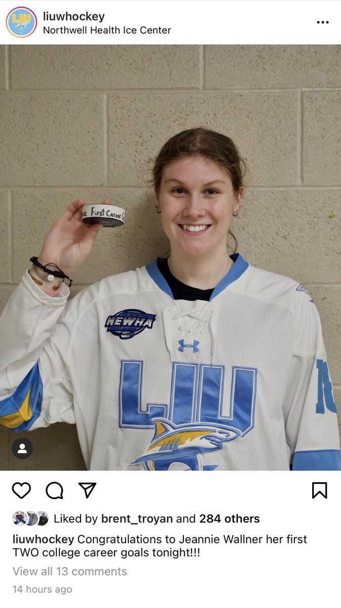 Congrats to Jeannie Wallner ‘21 on her first TWO collegiate career goals in a 3-1 win over Sacred Heart. We are so proud of you! 💙@millbrkmustangs @LIUWHockey #stangsincollege