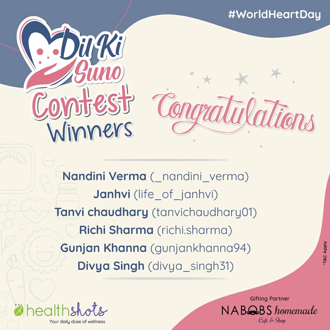 hthealthshots's tweet image. We want to thank everyone who participated in our #DilKiSuno Contest and helped in making it a success and special congratulations to all the winners. 
Winners are requested to DM us their addresses.

#ContestResults #Healthshots #Winners