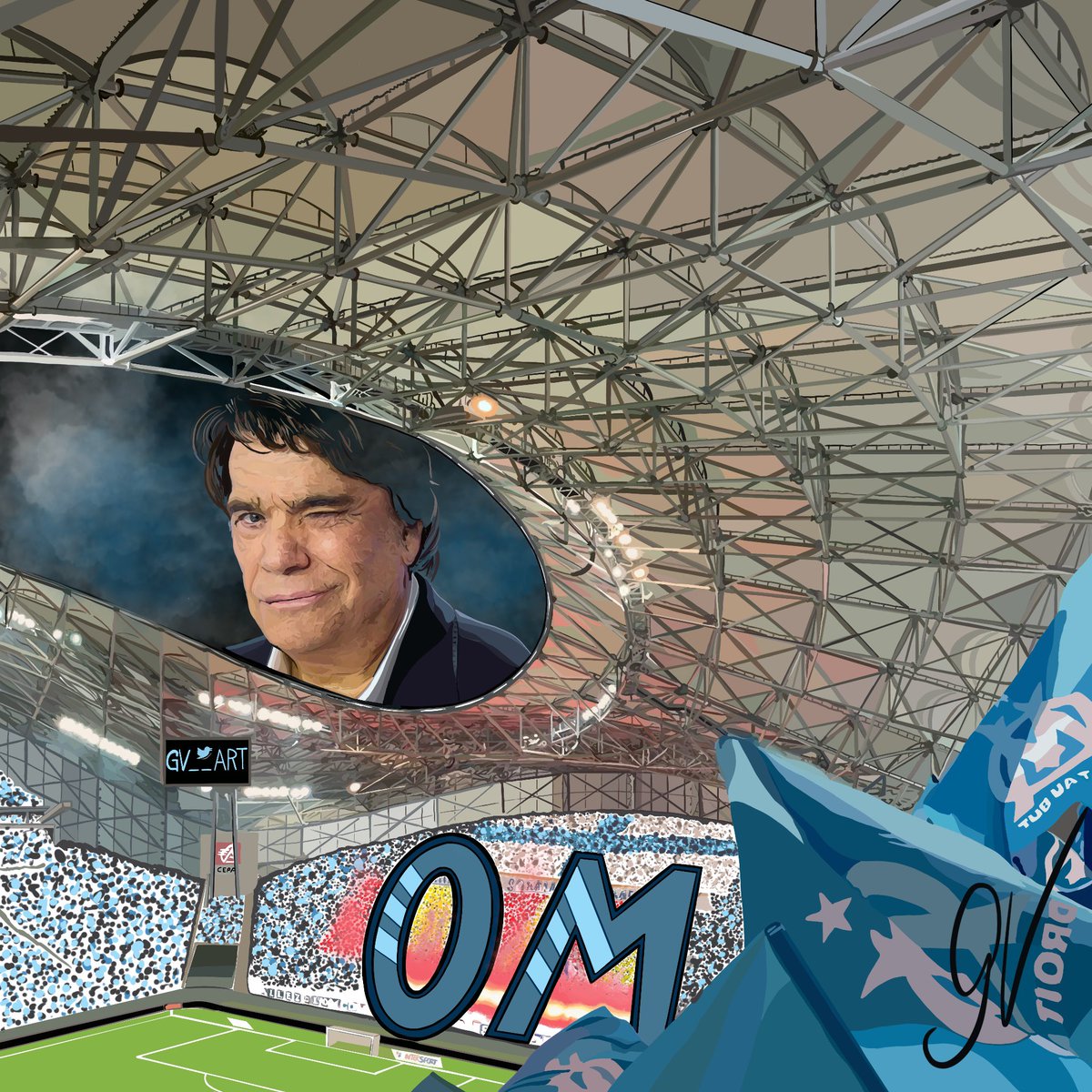 Il veillera toujours sur le Vélodrome et le peuple Marseillais. Merci pour tout Boss! 🔵⚪️🌟 
35741 coups de crayon et 34h36 pour ce nouveau dessin! 
N’hésitez pas à retweet pour lui rendre hommage. 
#BernardTapie #OM @OM_Officiel #teamom #adieu #Hommage