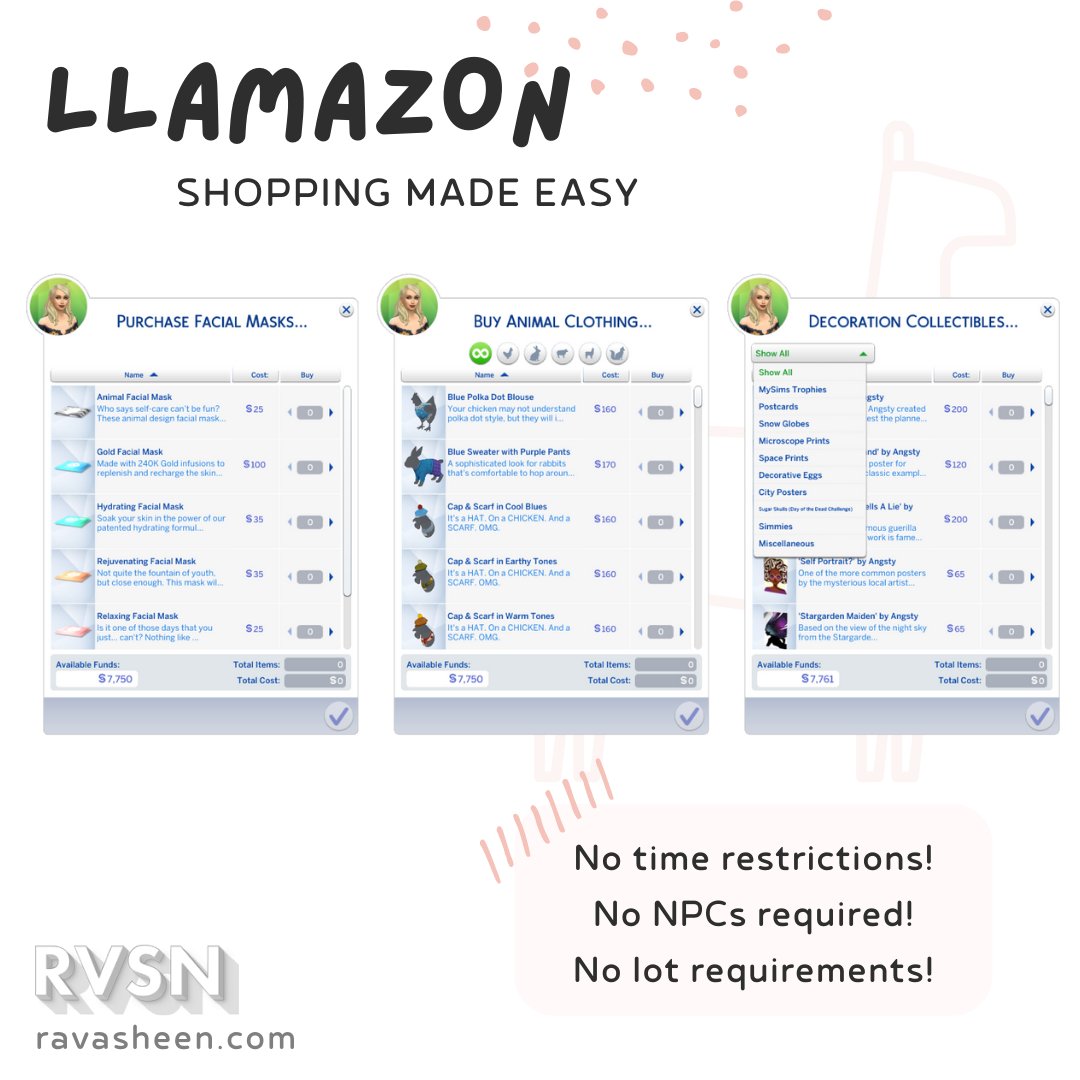 RAVASHEENCC's tweet photo. LLAMAZON - Buy anything &amp; everything!

Too many deets to write here! Here are the highlights:

✔ Base game compatible
✔ No lot requirements
✔ No NPCs required
✔ No schedule restrictions
✔ No Item limitations

Out now for patrons, public Nov 6th! Link in bio! https://t.co/vfEY6ouf88
