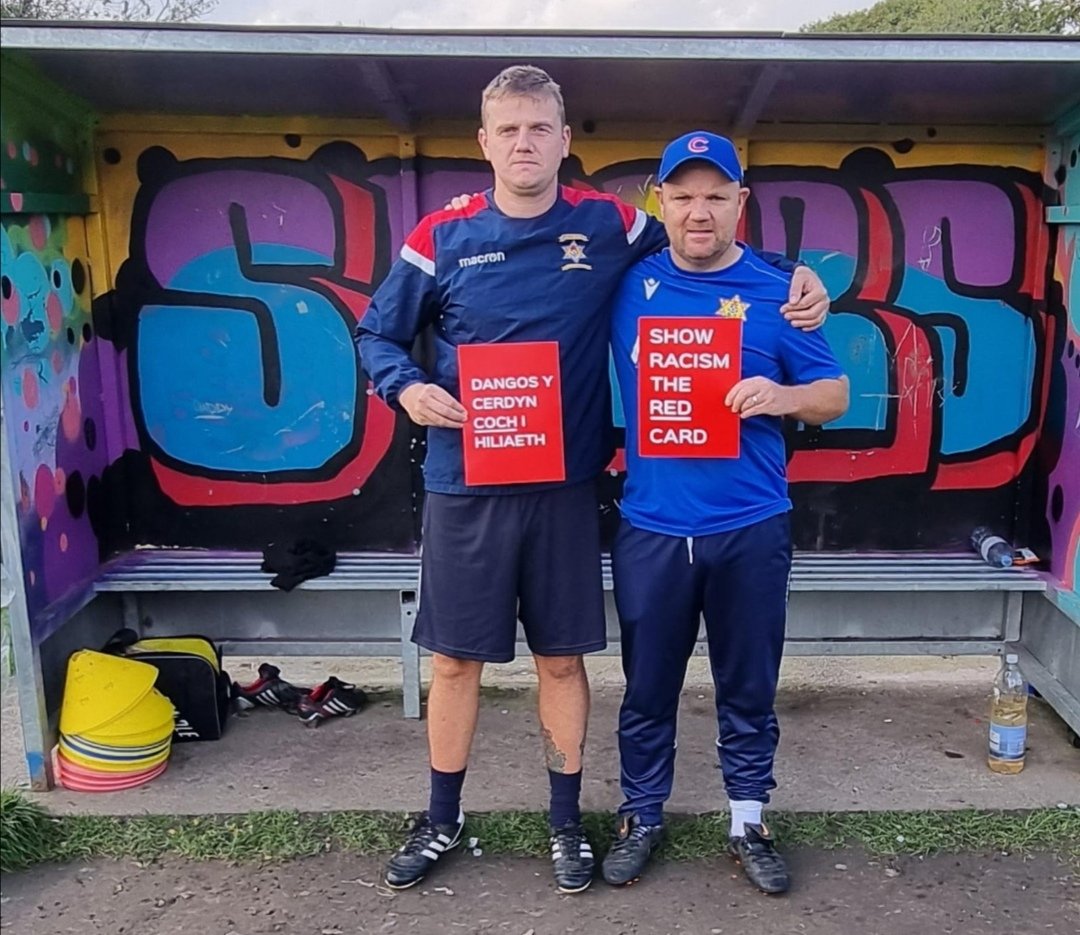 CwmbachRS's tweet photo. Our 1st team game today @FFardre and our management team have a very strong message #showRacismTheRedCard#MOA21 @theredcardwales https://t.co/401W5GEVlq