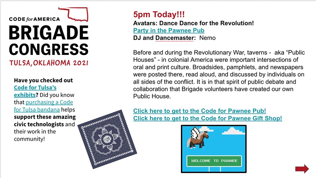 CodeForPawnee's tweet image. For those of you here with us in Tulsa, you can find this (with active links) on page 4 of the agenda, available at any agenda kisok in our GatherTown. #BrigadeCongress