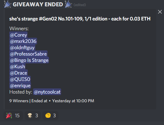 NYTCOOLCAT's tweet photo. 🎉Congrats to the winners🎉 such a wonderful start of she's strange #Gen02
@Corey @Mark2036 @oldnftguy @ProfessorSabre
@BingoReserve @kushxnft @OnDrace @CaptainQuesoDip @enrique
Thank you so much 🙏💙 https://t.co/3iAdDVQJTx