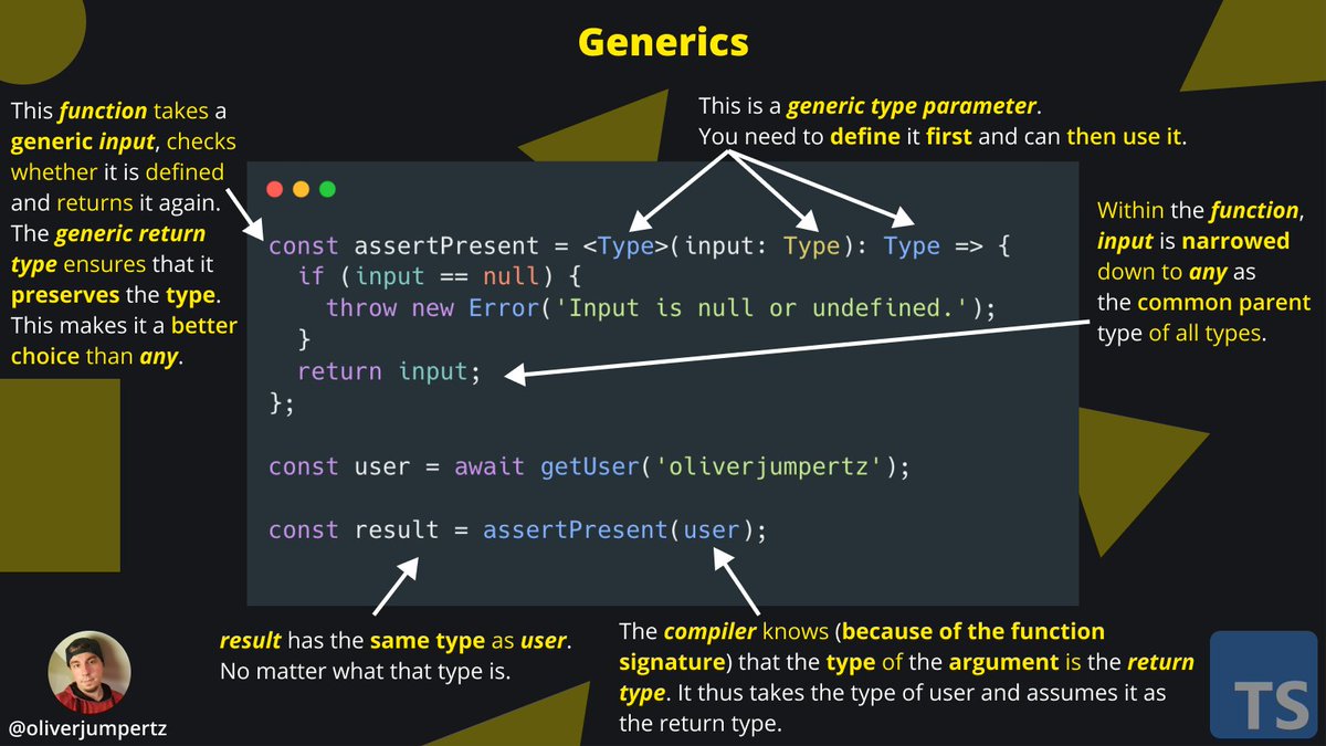 oliverjumpertz's tweet image. 💛 TypeScript explained 💛

Generics allow you to define behavior for a multitude of types once instead of multiple times.

Contrary to any, generics allow you to implement advanced behavior while staying type-safe. ↓