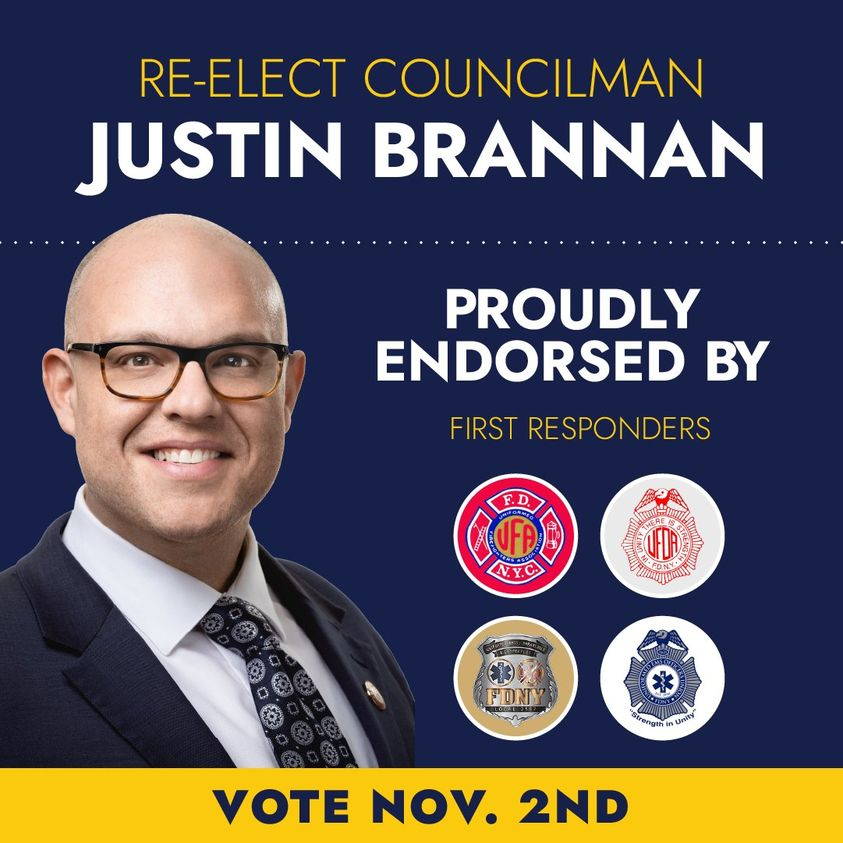 JustinBrannan's tweet photo. Truly humbled to have the support of so many of our first responders – especially our FDNY and EMS workers. When others run out, they run in – no questions asked. I will always fight to make sure this city does right by you for the sacrifices you make. https://t.co/9N3VpTLgC1