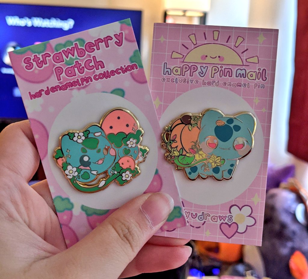 My strawberry poképatch pins from <a href="/biyu_draws/">♡ biyu ♡</a> came in!! 😍 Aren't they beautiful?! (Also, peep both of my cute Bulbasaur from Biyu 😍😍)