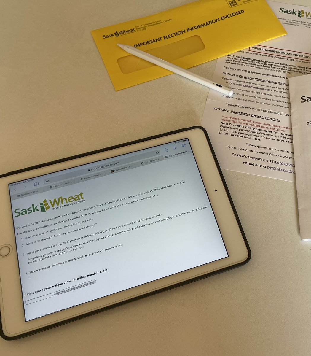 Took a few minutes to read through my <a href="/SaskWheat/">Sask Wheat</a> election package and cast my vote. Easy to do online! Thanks to those that let their name stand.