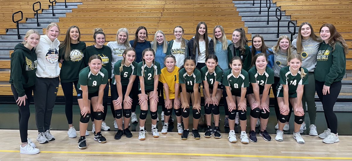 The Varsity Saintes came to cheer on the 6th grade Saintes today who are Coached by alumnae Kalyn Wettengel, Jordan Blaha and Maggie Wettengel.  Past, present and future!