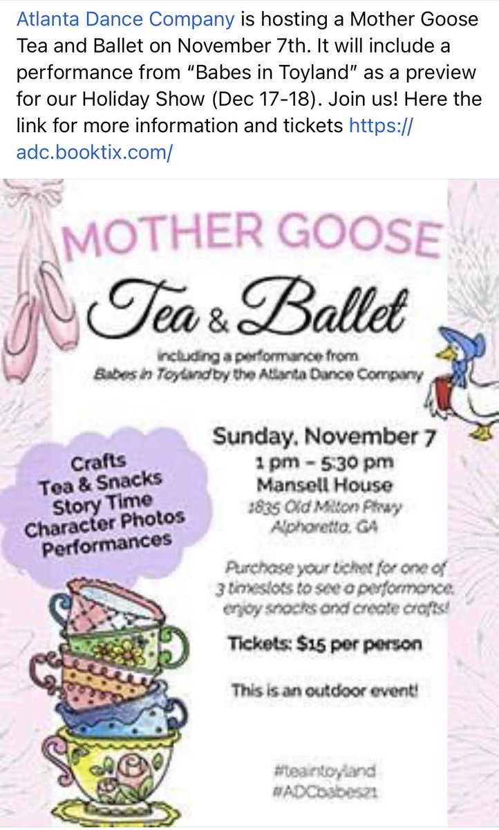 LalyVSanchez's tweet image. Atlanta Dance Company is hosting a Mother Goose Tea and Ballet on November 7th. It will include a performance from “Babes in Toyland” the Holiday Show (Dec 17-18). Join us! For information and tickets go to adc.booktik.com
