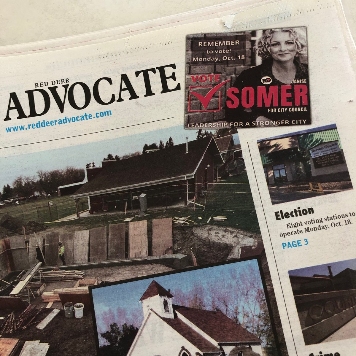 Front page of the <a href="/RedDeerAdvocate/">Red Deer Advocate</a>! If you haven't voted yet, Advance Polls are still open today at Parkland Mall, the Baymont Hotel, or Westerner Park. Vote SOMER, JANISE ... Leadership for a Stronger City!❤️