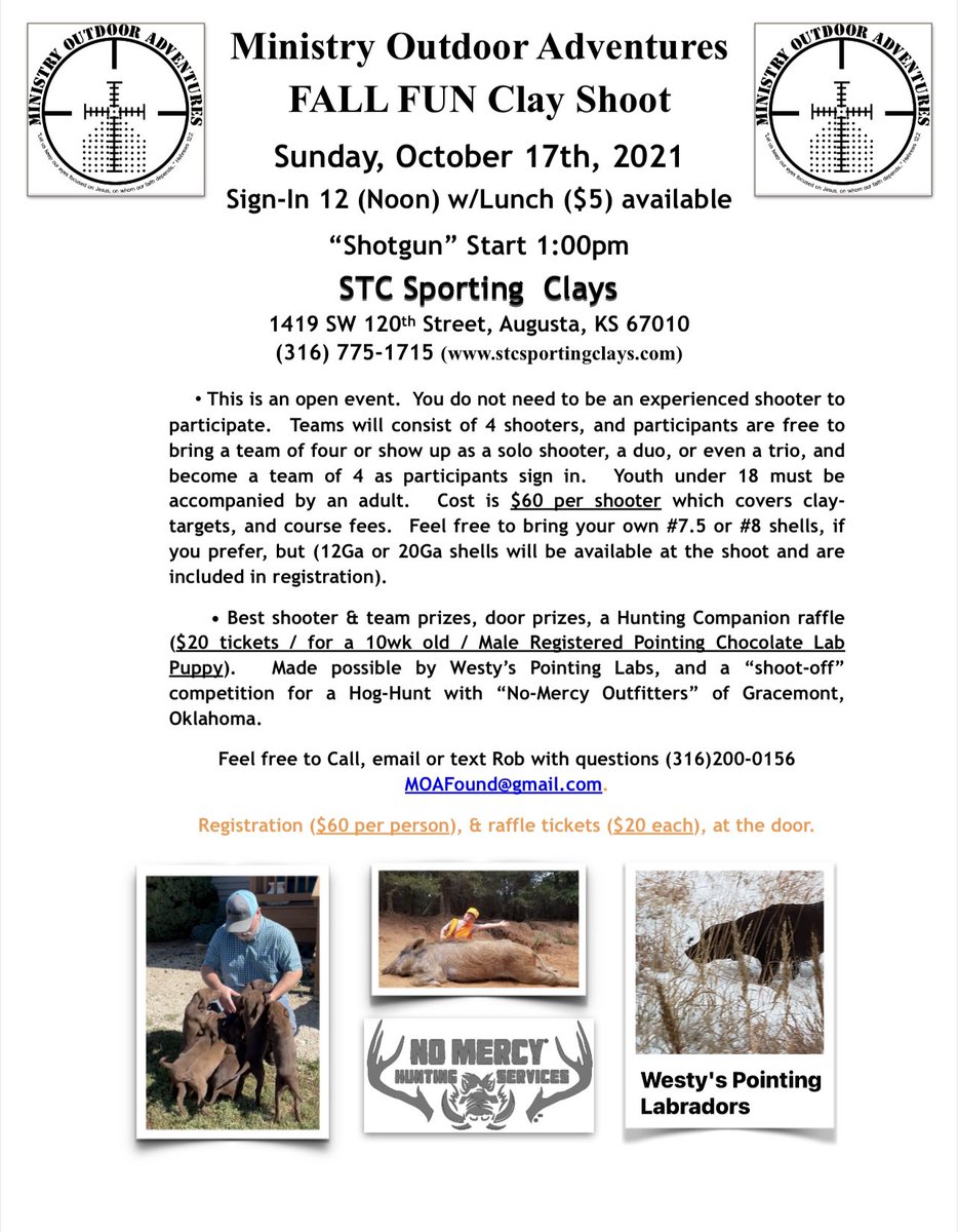 MOAFoundation's tweet photo. Tomorrow… 10/17/21… if you have a free afternoon…. Join MOA for a FALL FUN ClayShoot at STC Sporting Clays near Augusta! Food! Prizes! Hunting Companion Puppy Drawing! ShootOff for a Free Hog Hunt! 1pm! #CLAYSHOOT #PRIZES #POINTINGLAB #HOGHUNT https://t.co/a4GMs63Ks2