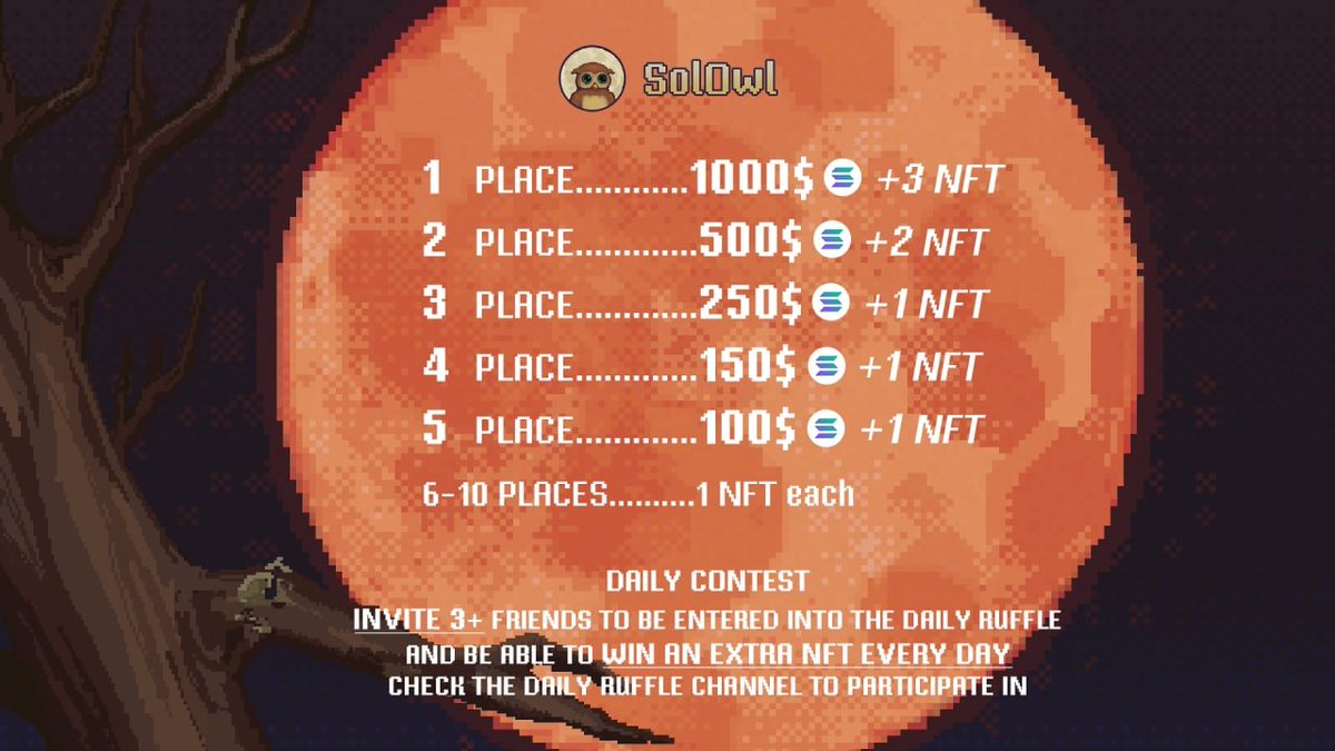 OwlsOfSol's tweet photo. Dear SolOwl fam!🦉
We are launching the biggest invite competition for our community with cash prizes!💸
Come to our Discord to take part!
https://t.co/sEpXJBWKp3
Good luck to everyone!

#SolOwl #Solana #SolanaNFT https://t.co/oEwM11IcYQ
