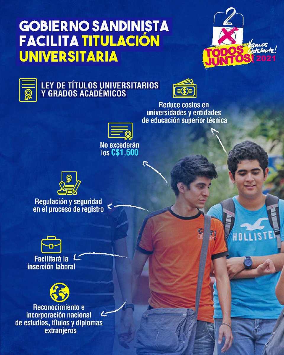Gracias a la nueva ley aprobada por la Asamblea Nacional de #Nicaragua, estudiantes universitarios y técnicos de entidades públicas y privadas tendrán un mejor acceso a trámites de titulación,#ConDanielEnLa2, todos ganamos ❤️🖤✌️.<a href="/FelipeSCamposA/">Felipe Campos</a> <a href="/CarSala78/">Carlos Salazar F</a> <a href="/f_perez2/">Jose Pérez</a> <a href="/Luispaga27/">Luis Garcia Padilla</a>