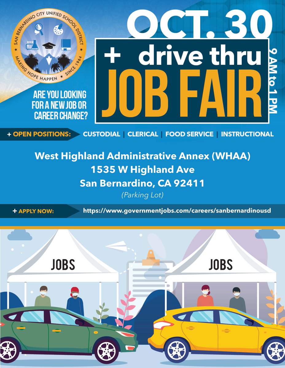 AstroKat9's tweet photo. Looking for a job? Join SBCUSD by participating in our upcoming Drive Thru Job Fair on October 30 (9AM-1PM) in the parking lot of the West Highland Administrative Annex, 1535 West Highland Avenue in San Bernardino.
@SB_CitySchools #jobs #work #hiring #job
https://t.co/uJMBEyruzT https://t.co/aq3zraNyc2