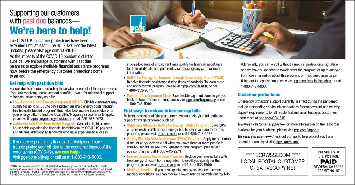 capmadera's tweet photo. STOP struggling to pay your past-due energy bill? Contact PG&amp;E to see how they can help. #capmc #helpingpeople #energybill #covid https://t.co/vpsU6bQJkD