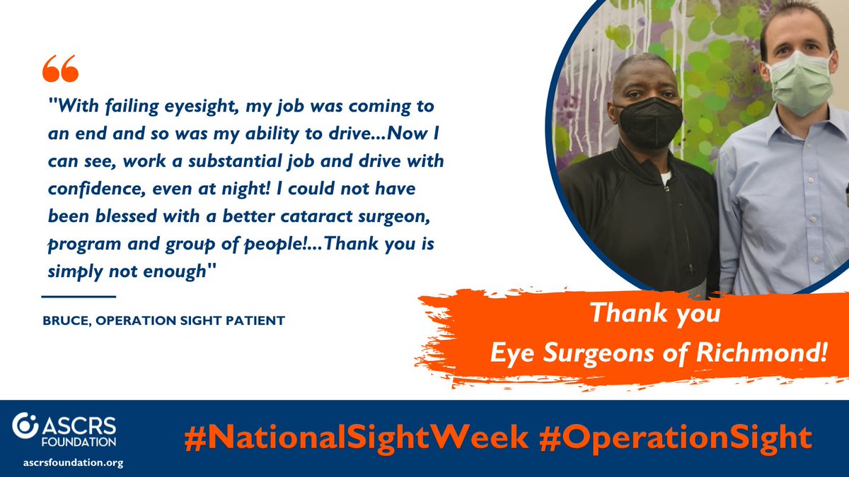 ASCRSFoundation's tweet photo. Operation Sight patient, Bruce, was uninsured & losing his vision to cataracts. Through the volunteerism of Dr. Alden Bahr & Eye Surgeons of Richmond, Bruce received life-changing cataract surgery. Thank you @vaeyeinstitute for changing lives! #NationalSightWeek #OperationSight https://t.co/otzybmS3Zx