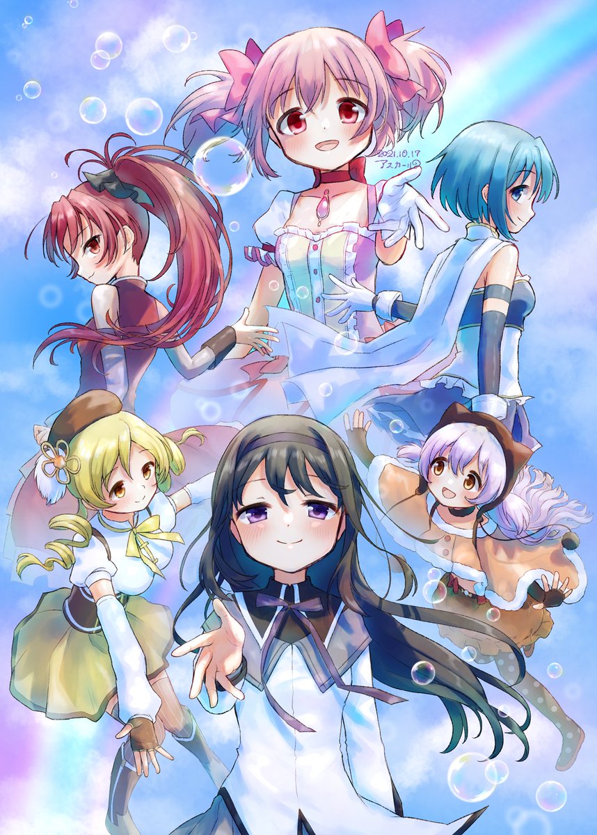 akemi homura ,kaname madoka ,miki sayaka ,momoe nagisa ,sakura kyouko ,tomoe mami multiple girls black hair twintails blonde hair blue hair red hair hat  illustration images