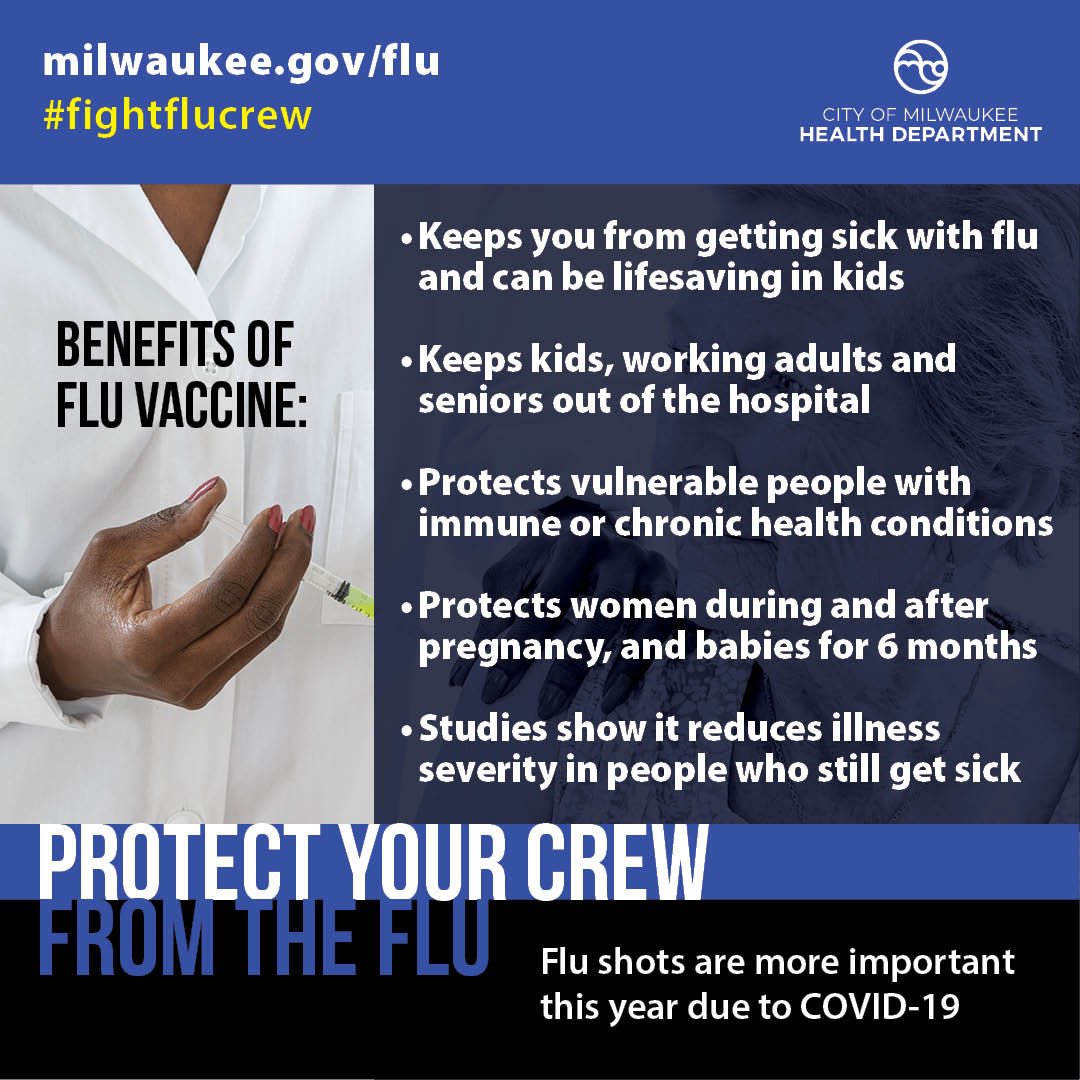 MKEhealth's tweet photo. Flu shots are more important this year due to COVID-19. Protect your crew by getting a routine flu shot this year and every year. Learn more at https://t.co/a1zK4kTF5C. #FightFluCrew https://t.co/E5HRr6s9sM