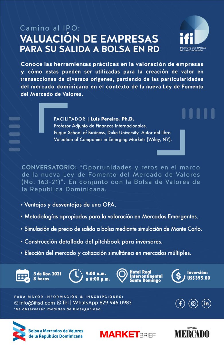 No se lo pierdan! El primer #taller del Instituto de #Finanzas de Santo Domingo sobre #Valuación de Empresas para salir a #Bolsa en #RepublicaDominicana . A sus órdenes cualquier info.