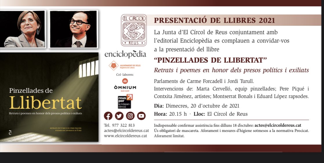 Dimecres vinent, a les 20.15h us esperem amb molta estima a <a href="/ElCircolReus/">El Círcol de Reus</a> <a href="/ForcadellCarme/">Carme Forcadell Lluís</a> <a href="/jorditurull/">Jordi Turull i Negre</a>