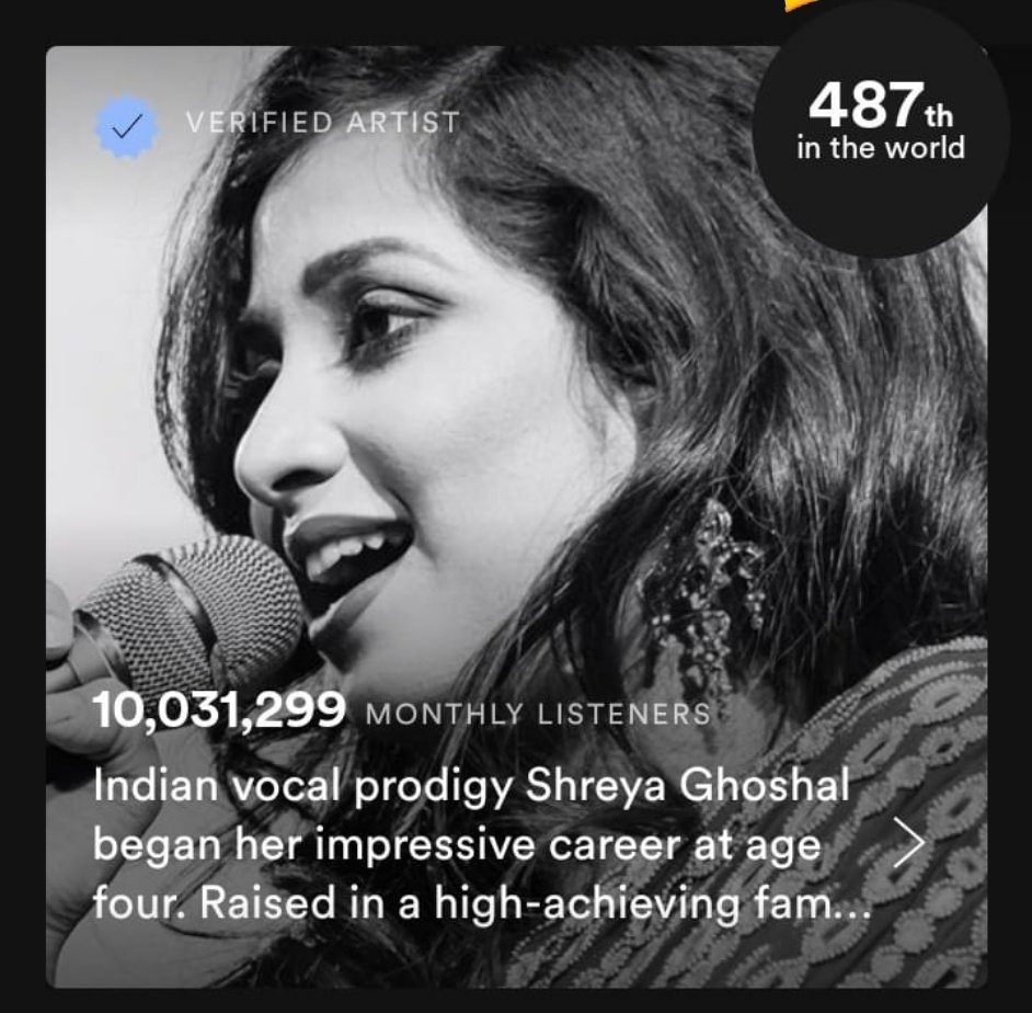 KeralaSgfc's tweet photo. Yaayeeee ! 🎉 Finally 10M Monthly Listeners on @Spotify and 487th In the World. 
The First Female Artist To Have 10 M+ Monthly Listeners On Spotify.
Heartiest Congratulations  @shreyaghoshal 🥳
Guess How Proud We Are 🔥You Always Give Us This Moment Nightingale We Love u 🤗😍 https://t.co/QgOiA2zHNI