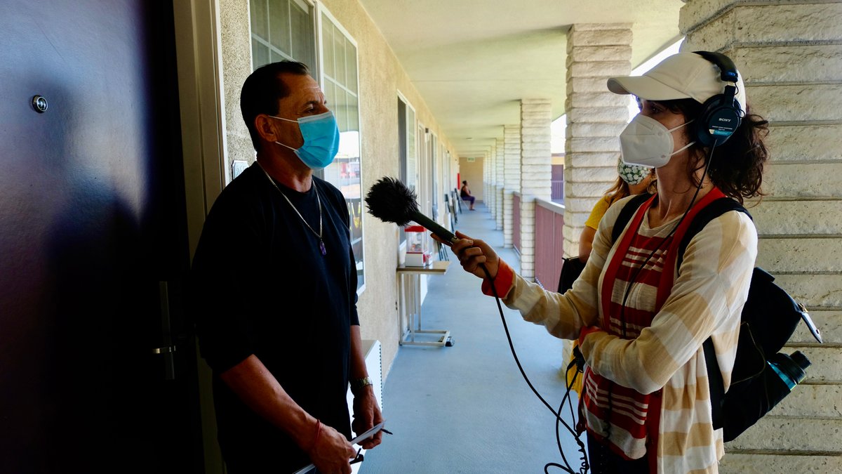 SaulGonzalezCA's tweet photo. Coming up on this week's @KQED "The California Report," @kcrw reporter Anna Scott and I continue our look at California's Homekey program, which converts old motel properties into homeless housing. This time, what's it like to live in a Homekey site. #KQED #KCRW #KVPR #KPBS #KVCR https://t.co/BhQ1YXDYZw