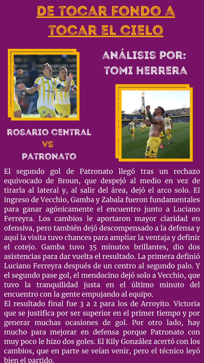 #AnálisisDelPartido

<a href="/RosarioCentral/">Rosario Central</a> 🆚 <a href="/ClubPatronatoOf/">Club A. Patronato</a> 

X: <a href="/herreratomi_/">Tomás</a>
