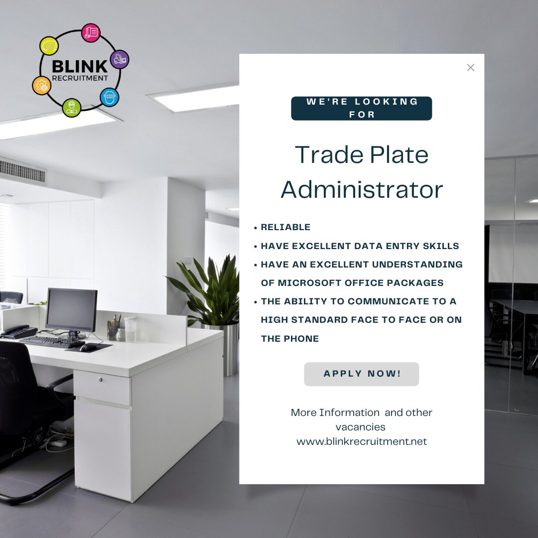 BlinkLimited's tweet photo. We are looking for a Trade Plate Administrator at a busy office in Newcastle under Lyme.  Just follow the link to apply.

#staffordshirejobs #stokeontrentjobs #adminjobs https://t.co/qkdGd7unNY