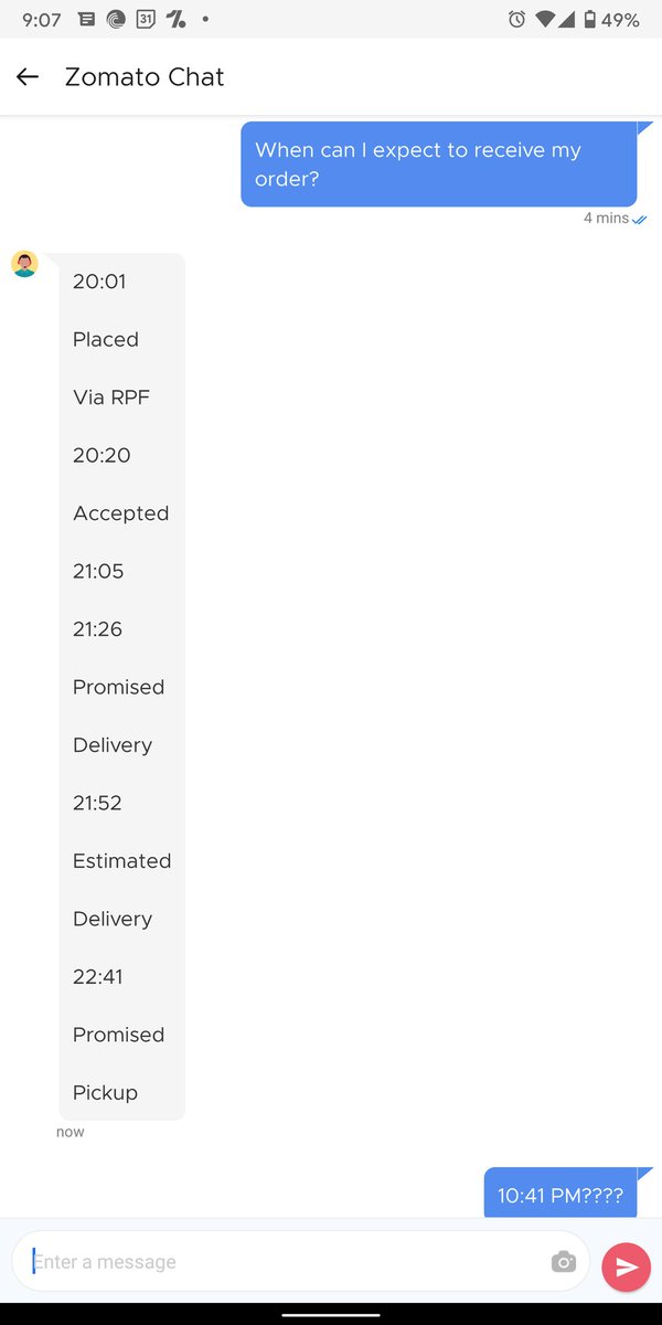 ZohebShariffi's tweet photo. I used to think #Swiggy is poor when it comes to delivery timings, but @zomato be like, Hold my Beer! 

Order placed at 8:02 PM and the chat support says I can expect the order by 10:41 PM! 

2 AND A HALF HOURS???? Seriously @zomatocare ???? https://t.co/4xoMfgboha