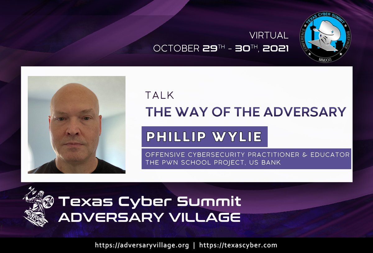 AdversaryVillag's tweet photo. Announcing the first speaker of Adversary Village at @texascyber summit!

@PhillipWylie will be delivering a talk on "The Way of The Adversary".

Full schedule can be found here: https://t.co/pi5UmLBptj

Discord: https://t.co/fpjbYZXtxu
 #AdversaryVillage #TexasCyberSummit https://t.co/RdnAFwo5Vm