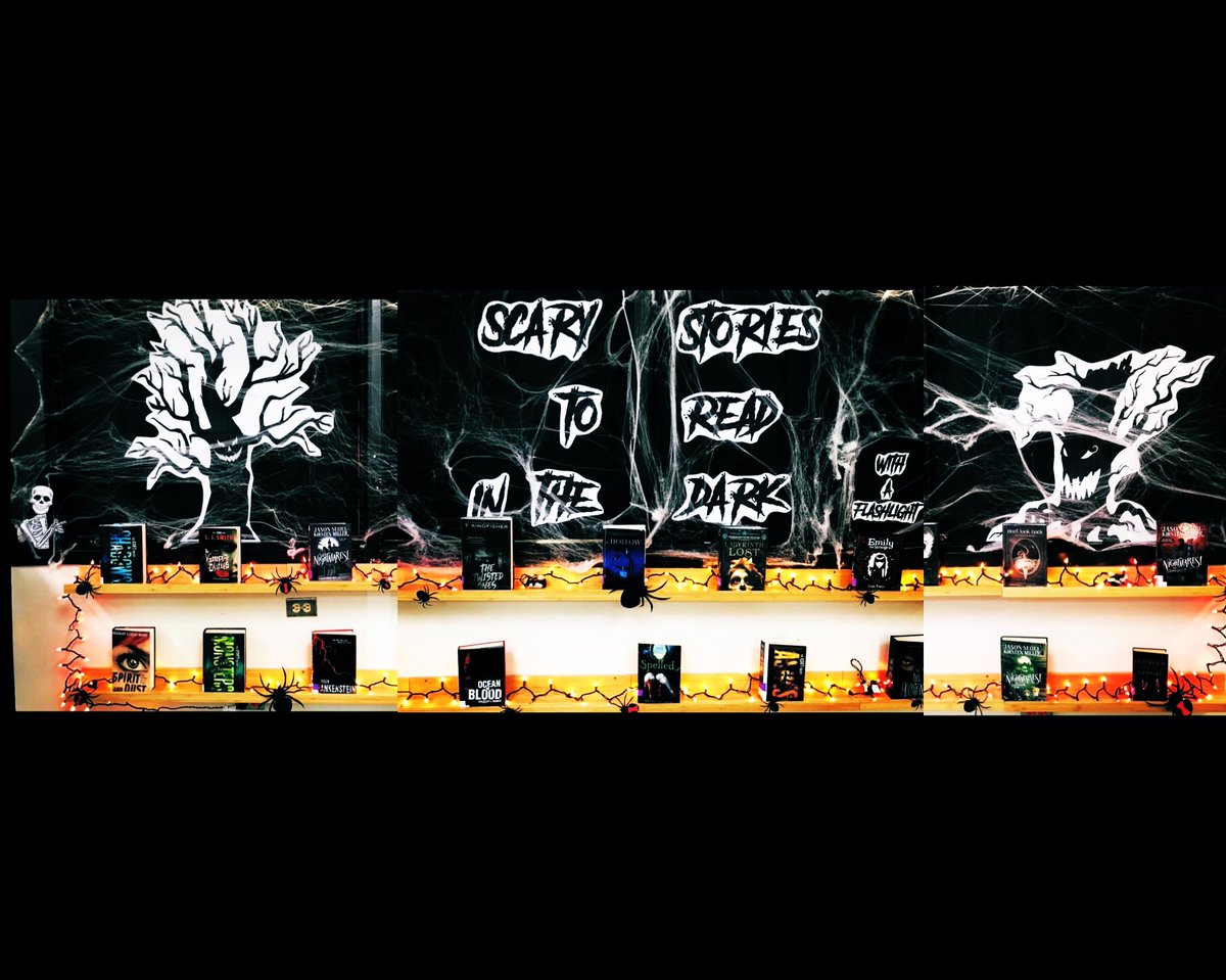 Scary Stories to Read in the Dark (with a flashlight). Our spooky books display is ready for checkouts!