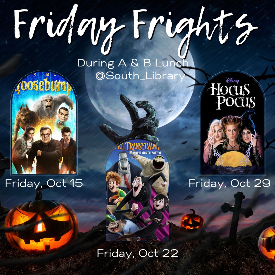 Muah-ha-ha-ha-ha 🧛‍♀️! Join us on Fridays during lunch for some frightening films 👻.