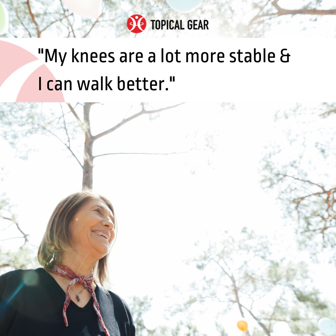 When I have T:25 Knees on, I do feel a big difference. I feel a lot better, my knees are a lot more stable and I can walk better. My legs feel stronger and more stable. 
- Debra (10 days after using T:25 Knees)
#TopicalGear #kneerecovery #kneerehab  #compressiontherapy
