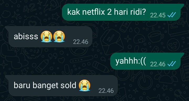 myls___'s tweet photo. ada netflix 2 hari yg ridi ga 2 slot buat c fh ku udh sold😭, harga r yaa nnti aku dm pake akun ba ku #zonauang https://t.co/Fhcfz0fYee
