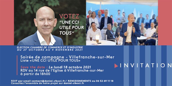 Dsfecci's tweet photo. 🤝 Je vous donne rendez-vous lundi à Villefranche-sur-Mer pour vous parler de la CCI de demain.
📍14 rue de l’Église,
⏰ 18h
👉 Reservations : contact@daniel-sfecci.fr
#UneCCIutilePourTous #CCI06 #ElectionCCI06 https://t.co/4ZnXfwSg8z