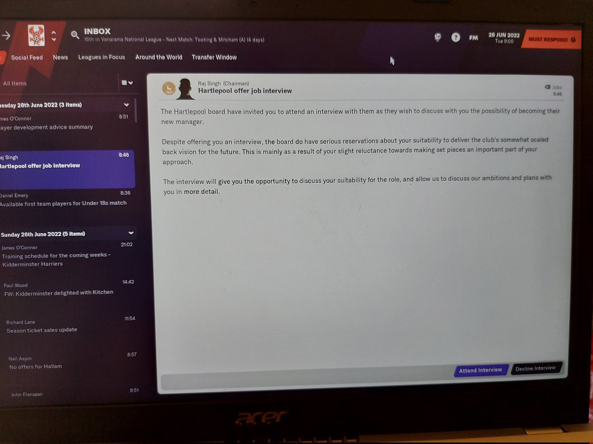 peterkitchen83's tweet image. Still in pre season ahead of first season in NL and this pops up... My first league match is Hartlepool away!! Very tempted to decline offer and stay put - thoughts @nonleaguewriter @dobbo666?? #FM21 #khfc