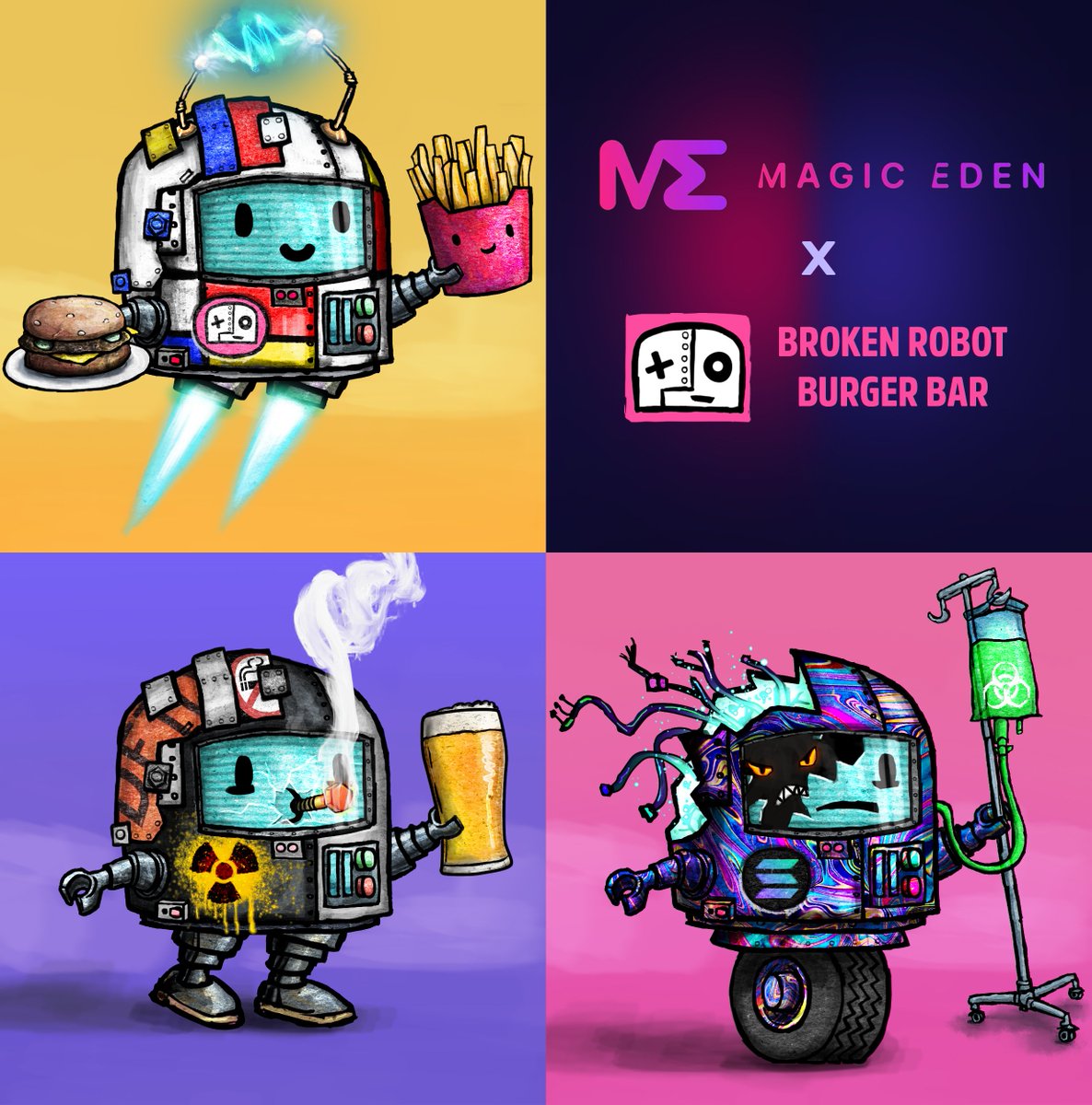 🪄 Broken Robot Burger Bar X Magic Eden  🪄

To celebrate our partnership with <a href="/BrokenRobotNFT/">Broken Robot Burger Bar</a> we are giving away 1 x #BrokenRobot #NFT

1️⃣ Like/ RT  ❣️
2️⃣ Follow <a href="/BrokenRobotNFT/">Broken Robot Burger Bar</a> + @MagicEden_NFT
4️⃣ Join discord: discord.gg/Ha8rC6vUxK &amp; discord.gg/GGkCxYfnur

Winner in 72h ⏰