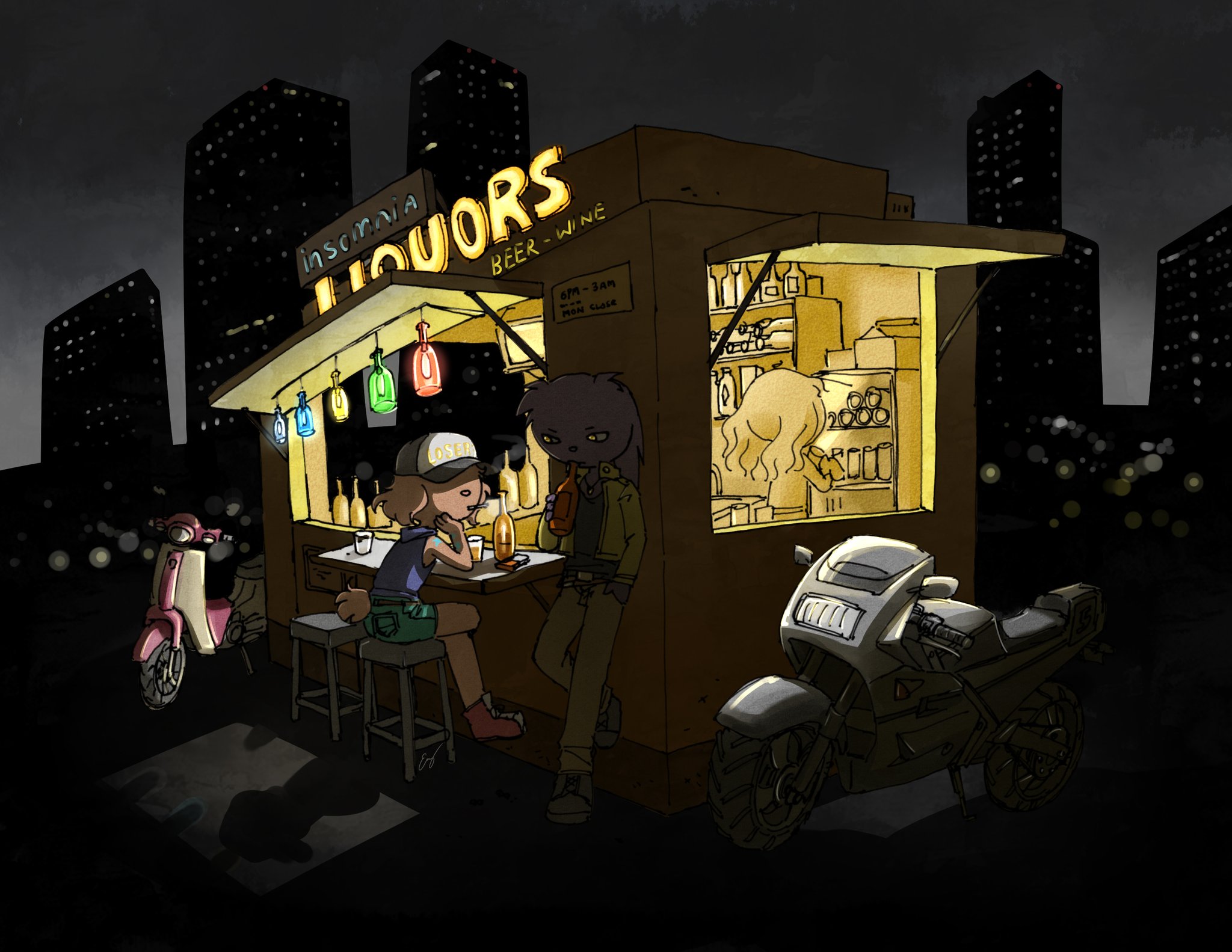 Evy Myers 眠れない 今日もまた What S Keeping You Awake Art Myart Illustration Oc Bunnies Insomniac Liquorstore Liquor Wine Motorbike Motorcycle Night City オリキャラ イラスト うさぎ ウサギ 兎 オートバイ バイカー