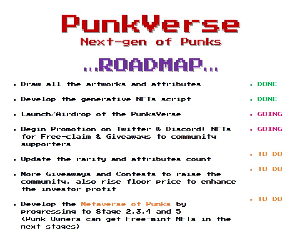 Hello friends,

We just announced the PunksVerse Stage 1 Roadmap.

We also have ideas on the direction of the project in the next stages and will announce FULL STAGES ROADMAP soon.

Thank you for always supporting PunksVerse NFT - a next-gen of Punks! ❤️❤️