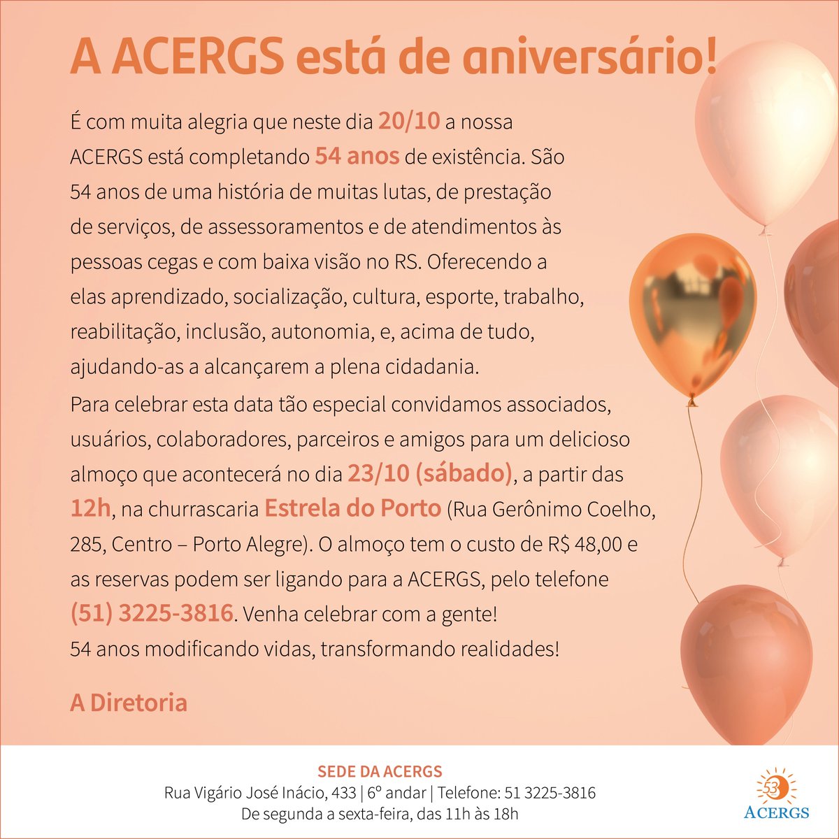 ACERGS's tweet image. A ACERGS está comemorando 54 anos! 🎂 E convidamos você para celebrar essa data com a gente! #ACERGS #aniversárioacergs