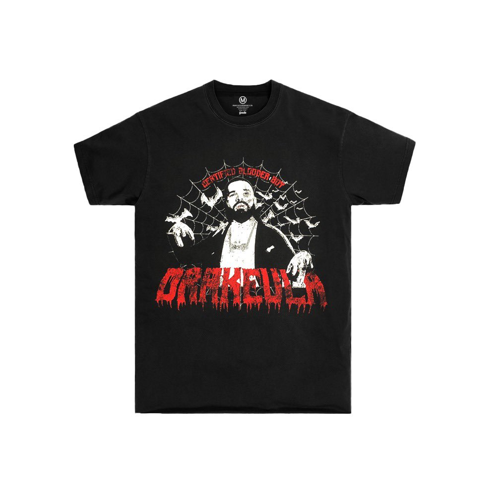 Goodiebrand's tweet photo. GM! We proudly interrupt our regularly scheduled promo to bring you this year’s Halloween shirt. Here at Goodie we strive to make the dumbest/funnest spooky szn themed design every year 😂💀🧛‍♂️#Drakeula #CertifiedBlooderBoy is available now https://t.co/nW9kKAzJTx https://t.co/MMiC4dDdhb