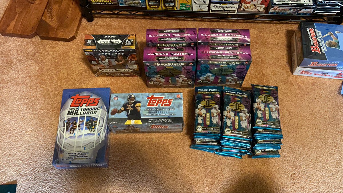 All prices are F&F if you want G&S please cover fee’s, all prices are shipped

2003-04 Topps hockey hobby box $135 
2009 Topps football complete set $160 
2020-21 prizm draft picks basketball mega $80 
2020 NFL illusions mega box lot of 4 $445 

@CardboardEchoes @DailySportcards https://t.co/wfLEEIR2Ro