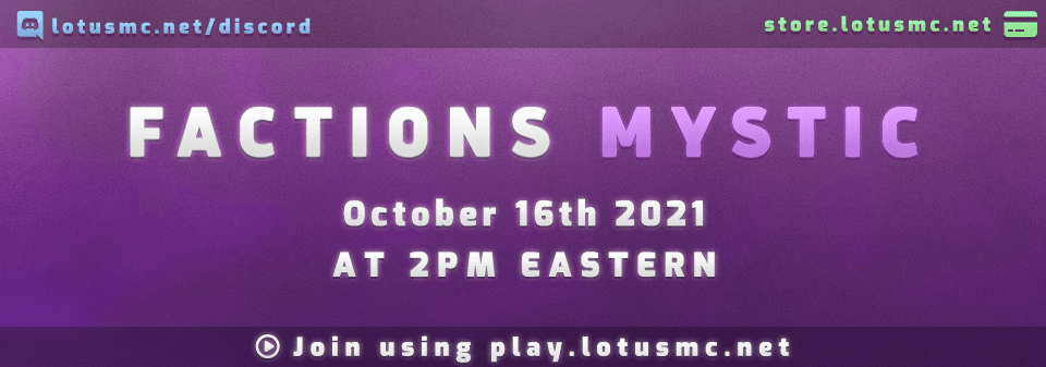 TheLotusMC's tweet photo. The wait is finally over, LotusMC Factions is releasing today at 3PM EST!🎉

To celebrate SOTW, we’re giving away:

・x2 Royal Rank
・x1 Champion Rank

Like and RT for a chance to win!🍾 https://t.co/tVQZAPBBsR