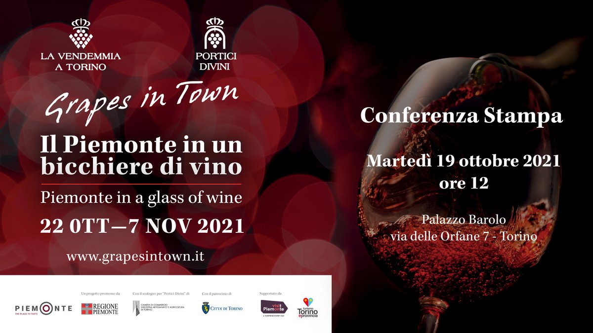 𝗖𝗢𝗡𝗙𝗘𝗥𝗘𝗡𝗭𝗔 𝗦𝗧𝗔𝗠𝗣𝗔 "𝗩𝗘𝗡𝗗𝗘𝗠𝗠𝗜𝗔 𝗔 𝗧𝗢𝗥𝗜𝗡𝗢 - 𝗚𝗥𝗔𝗣𝗘𝗦 𝗜𝗡 𝗧𝗢𝗪𝗡" &amp; "𝗣𝗢𝗥𝗧𝗜𝗖𝗜 𝗗𝗜𝗩𝗜𝗡𝗜" 𝟮𝟬𝟮𝟭: martedì 19 ottobre h 12 | Palazzo Barolo
Accrediti: press@grapesintown.it
#vendemmiatorino #grapesintown #porticidivini
