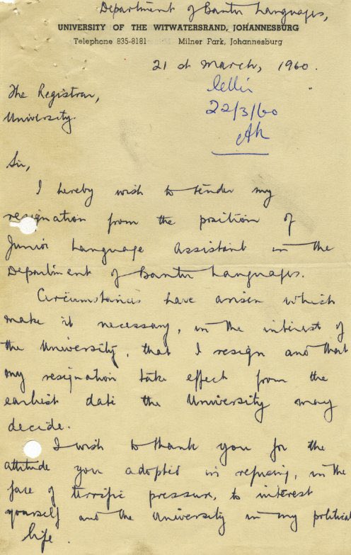 Robert Sobukwe’s resignation letter to Wits University after they told him to ditch the PAC of Azania for a senior lecture position and increased wage. He never sold out!