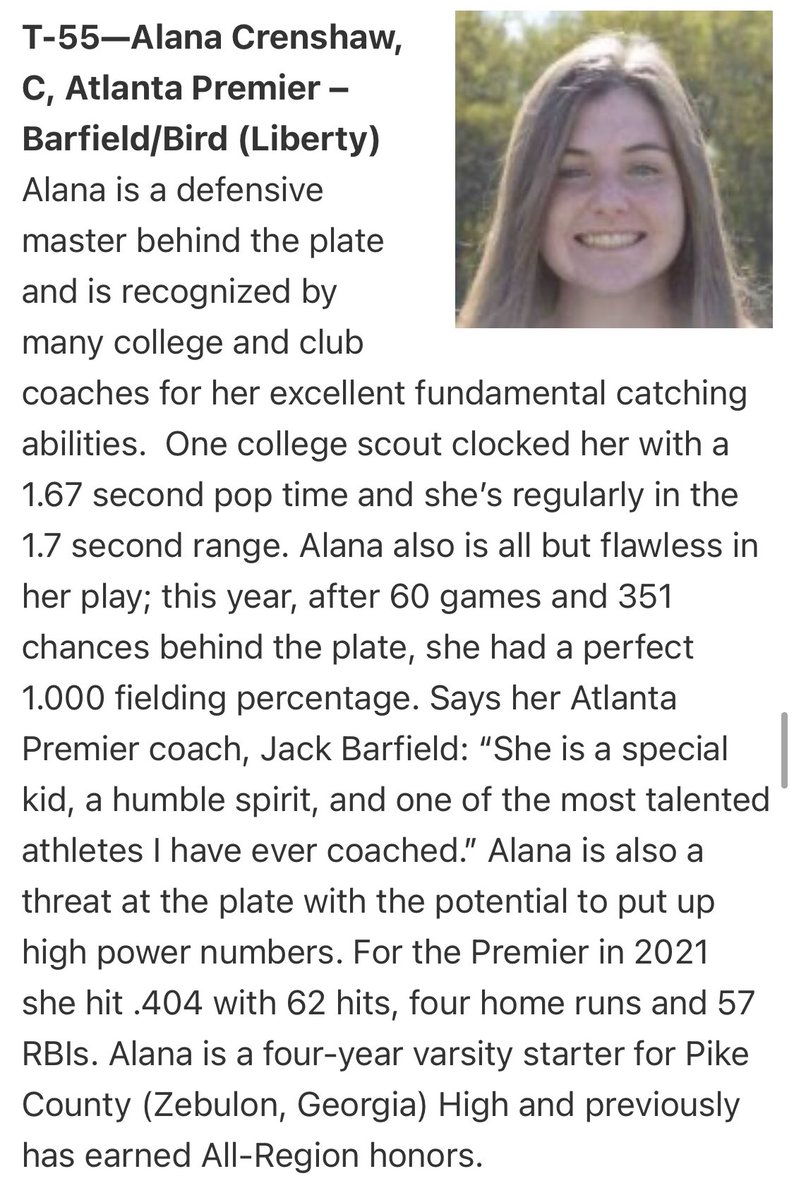 apgold04's tweet photo. Another Golden Girl,  @ACrenshaw2022, being recognized in the 2022 top-100 @ExtraInningSB national player rankings.  Proud of you, #Dash! 👏🏼🔥 #futureFlame @LibertySB @CoSoftball https://t.co/riY4456NpA