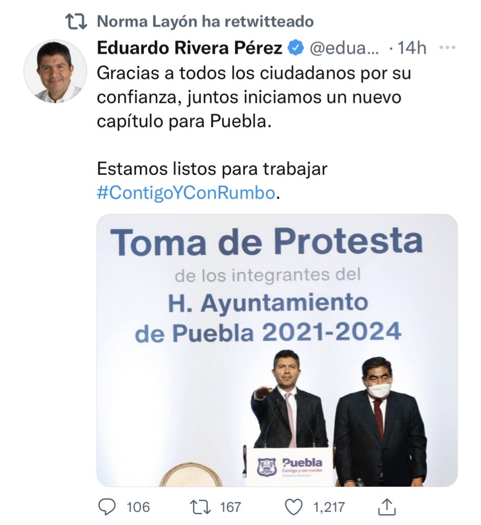 ElTianguista's tweet photo. Orale! @NormaLayon dando RT al tuit de Eduardo Rivera. ¡Las cosas cambian! #Puebla https://t.co/uSoCnmOk38